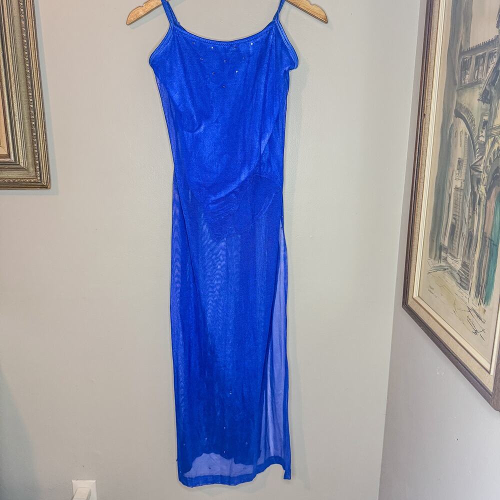 Vintage Curtain Call Royal Blue Rhinestone Mesh Dance Costume Leotard Dress M